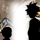 The shadowed forms of Rick and Morty look at camera film twisting into a white portal.